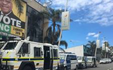 Police vehicles stationed outside the ANC's offices in KwaZulu-Natal where members protested over a new provincial task team, on 29 January 2018. Picture: Ziyanda Ngcobo/EWN.