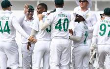 South African players celebrate the fall of a wicket during the Test match against Bangladesh on 2 April 2022. Picture: @OfficialCSA/Twitter