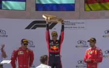 Red Bull’s Max Verstappen celebrates on the podium after winning the race. Picture: @F1/Twitter.