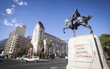 The Louis Botha statue outside of Parliament in Cape Town was defaced with red and purple paint. Picture: Thomas Holder/EWN.