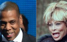 This combination of pictures created on 12 May 2021 shows Winner For Best Rap/Sung Collaboration Jay Z during the 56th Grammy Awards at the Staples Center in Los Angeles, California, January 26, 2014, and US singer Tina Turner presenting her single 'GoldenEye' for the James Bond film of the same name in Paris on November 22, 1995. Picture: AFP