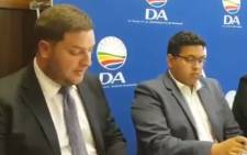 DA finance spokesperson Geordin Hill-Lewis (left) at a media briefing on the coronavirus on 17 March 2020. Picture: @Our_DA/Twitter