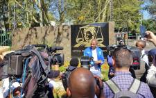 DA leader Mmusi Maimane addresses media outside NPA offices in Pretoria, where he handed over an evidence pack containing allegations the party made against ANC secretary-general Ace Magashule. Picture: @Our_DA/Twitter.