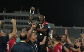 Al Ahly coach Pitso Mosimane celebrates the 3-0 victory against South African team, Kaizer Chiefs in the CAF final on Saturday, 17 July 2021. Picture: Twitter/ @AlAhlyEnglish