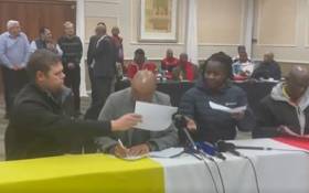 Image: Screengrab from Eyewitness News footage of unions signing Eskom wage deal on 5 July 2022