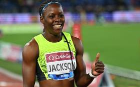 FILE: In this file photo taken on June 9, 2022 Jamaica's Shericka Jackson celebrates after winning the Women's 200m event during the Wanda Diamond League athletics meeting at the Olympic Stadium in Rome. Alberto Pizzoli / AFP