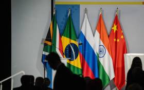 The flags of the BRICS members on stage at the BRICS Summit being held at the Sandton Convention Centre in Johannesburg on 22 August 2023. Picture: Jacques Nelles/Eyewitness News