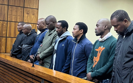 The eight SAPS VIP Protection Unit officers were filmed in July beating up civilians on the side of the N1 highway in Johannesburg. The men  made a brief appearance at the Randburg Magistrate’s Court on Thursday 9 November 2023. Picture: Thabiso Goba/Eyewitness News.