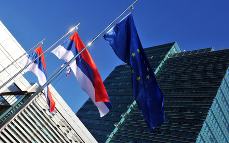 This file photograph taken on 24 September 2016 shows EU and Republika Srpska flags in front of government buildings. Bosnia Serbs mark national day amid fears of secession. Picture: AFP