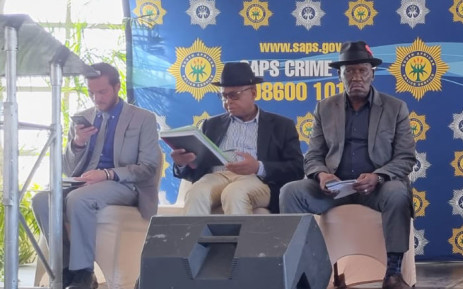 Police Minister Bheki Cele (right) attends the West Village imbizo on crime on 6 August 2022. Picture: @SAPoliceService/Twitter