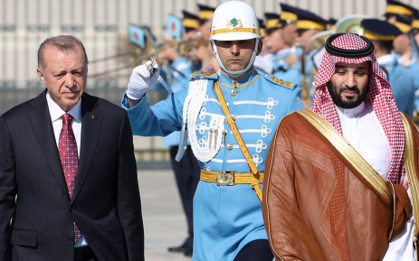 Turkey's President Recep Tayyip Erdogan (L) reviews the honour guard as he welcomes Crown Prince of Saudi Arabia Mohammed bin Salman (R) during an official ceremony at the Presidential Complex in Ankara, on June 22, 2022.  Picture: Adem ALTAN / AFP