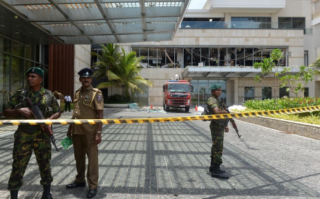 Sri Lankan security personnel stand guard at the cordoned off entrance to the luxury Shangri-La Hotel in Colombo on 21 April 2019 following an explosion. At least 42 people were killed April 21 in a string of blasts at hotels and churches in Sri Lanka as worshippers attended Easter services, a police official told AFP. Picture: AFP