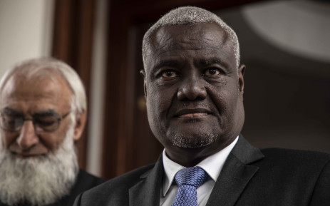 AU commission chair Moussa Faki Mahamat addresses the media after visiting the President Cyril Ramaphosa at his residence in Pretoria. Picture: Abigail Javier/EWN