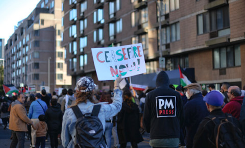Demonstrator calling for a ceasefire during the March for Palestine in Montreal/ Wikimedia Commons: JBouchez
