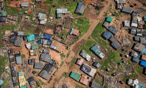 Overhead view of low income tin shack housing in urban South Africa 2014 