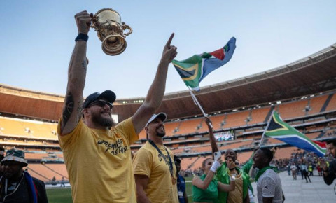 The Springboks parade the Webb Ellis Cup around the FNB Stadium in Soweto on 2 November 2023. Picture: Jacques Nelles/Eyewitness News