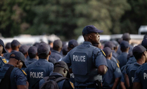 South African Police Service members outside Union Buildings on 20 March 2023, the day of the Economic Freedom Fighters' call for a national shutdown of operations to convince President Cyril Ramaphosa to resign. Picture: Jacques Nelles/Eyewitness News