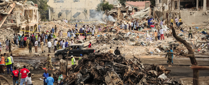 The aftermath of a truck bomb in the centre of Mogadishu, Somali. The bomb exploded outside a hotel at a busy junction in Somalia's capital Mogadishu on 14 October 2017. Picture: AFP