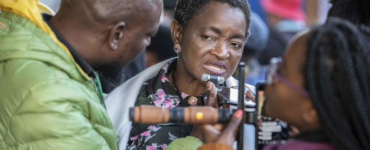 Bathabile Dlamini being interviewed by journalists at Loftus Versfeld Stadium ahead of the inauguration of Cyril Ramaphosa as the sixth democratically elected president on 25 May 2019. Picture: Abigail Javier/EWN