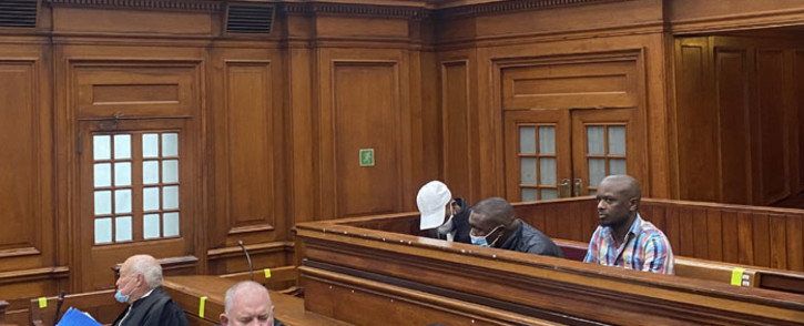 The three men accused of murdering lawyer Pete Mihalik, Sizwe Biyela, Nkosinathi Khumalo and Vuyile Maliti (back), appeared in the Western Cape High Court on 17 May 2022. Picture: Shamiela Fisher/Eyewitness News