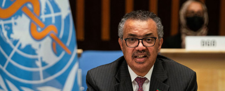 FILE: A handout photograph taken and released by the World Health Organisation (WHO) on 24 May 2021, shows the Director-General of the World Health Organization (WHO) Tedros Adhanom Ghebreyesus delivering a speech during the 74th World Health Assembly, at the WHO headquarters, in Geneva. Picture: Christopher Black/World Health Organization/AFP