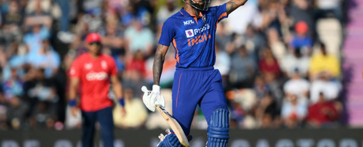 India's Hardik Pandya celebrates reaching his 50 during the Twenty20 International cricket match between England and India at Ageas Bowl in Southampton on 7 July 2022. Picture: Daniel LEAL / AFP