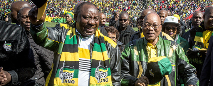President Jacob Zuma and Deputy President Cyril Ramaphosa wave to the thousands of ANC supporters in the Emirates Airline Park in Johannesburg for the party's final rally ahead of the 2016 local government elections. Picture: Reinart Toerien/EWN