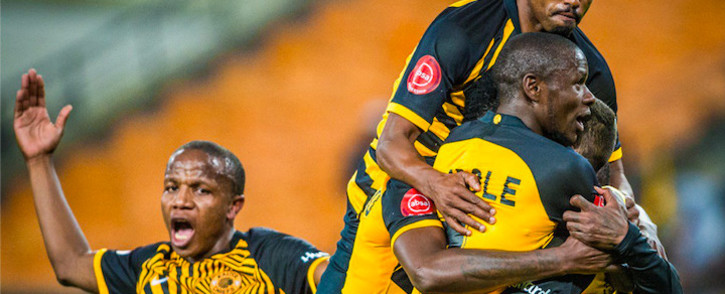 Kaizer Chiefs players celebrate a penalty, scored by Daniel Cardoso against Golden Arrows on Tuesday night. Credit: Kaizer Chiefs/Twitter