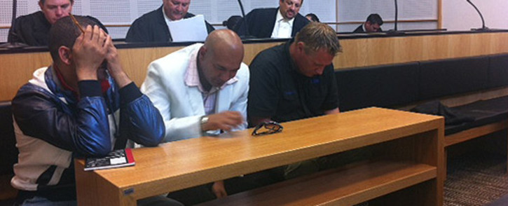 (From left) Achmat Toffa, Fareez Allie and John Frederick Coetzer are accused of murdering Cape Town nightclub owner Bruno Bronn in 2012. Picture: Graeme Raubenheimer/EWN