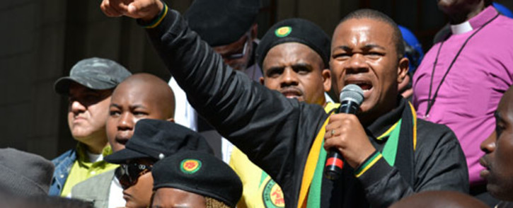 ANC Youth League Western Cape Chairperson Khaya Yozi addresses the crowd outside the provincial legislature on 27 August 2012. Picture: Aletta Gardner/EWN