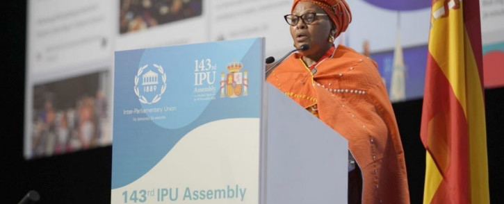 National Assembly Speaker Nosiviwe Mapisa-Nqakula addressed the IPU General Assembly in Madrid, Spain on 28 November 2021. The IPU is an international body of world parliaments. Picture: @ParliamentofRSA/Twitter