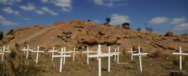 Crosses placed for the 34 miners killed at Lonmin's Marikana mine on 16 August 2012. Picture: EPA.