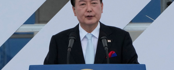 South Korean President Yoon Suk-yeol speaks during a ceremony to celebrate Korean Liberation Day from Japanese colonial rule in 1945, at the presidential office square in Seoul on August 15, 2022. Picture: AHN YOUNG-JOON / POOL / AFP.