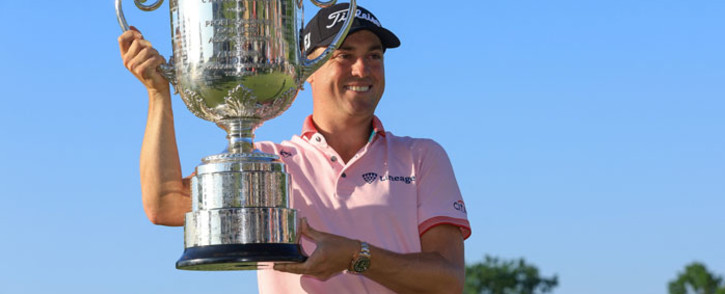 Justin Thomas of the United States poses with the Wanamaker Trophy after putting in to win on the 18th green, the third playoff hole during the final round of the 2022 PGA Championship at Southern Hills Country Club on 22 May 2022 in Tulsa, Oklahoma. Picture: Sam Greenwood/Getty Images/AFP
