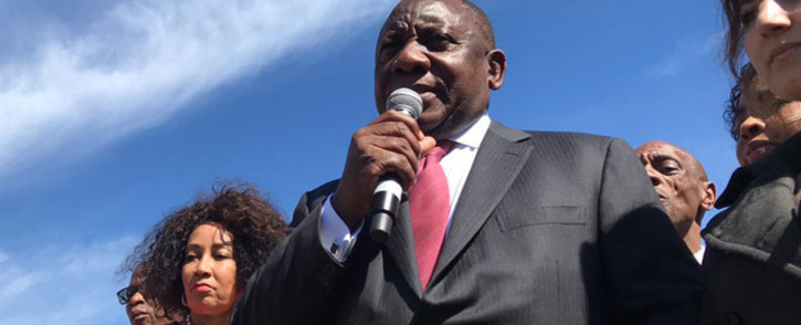 President Cyril Ramaphosa addresses protesters against gender-based violence outside of Parliament on 5 September 2019. He was accompanied by Minister of Human Settlements Water and Sanitation, Lindiwe Sisulu and other officials. Picture: Kaylynn Palm/EWN