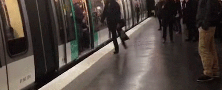 Screengrab from a Youtube video, of Chelsea fans preventing a man from boarding a Paris Métro train before the Chelsea and Paris Saint-Germain (PSG) Champions League last 16 match on 17 February 2014.