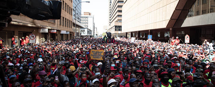 Thousands of Numsa members marched from Mary Fitzgerald Square in Newtown to the offices of the Metals and Engineering Industries Bargaining Council in Marshalltown on 5 October 2021 to demand an 8% increase across the board. Picture: Xanderleigh Dookey Makhaza/Eyewitness News