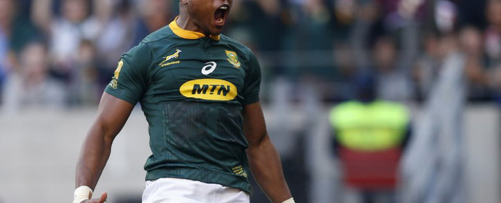 Aphiwe Dyantyi reacts after scoring a try during the Rugby Championship match between South Africa and Australia at Nelson Mandela Bay Stadium in Port Elizabeth on 29 September 2018. Picture: AFP