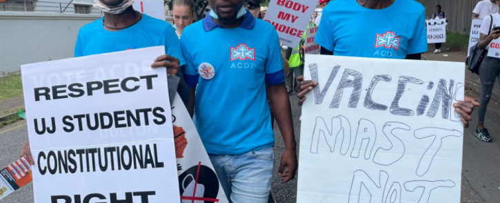 ACDP members joined a student protest at the University of Johannesburg’s Auckland Park campus against the institution’s COVID-19 vaccine policy on 3 March 2022.  Picture: Masechaba Sefularo/Eyewitness News