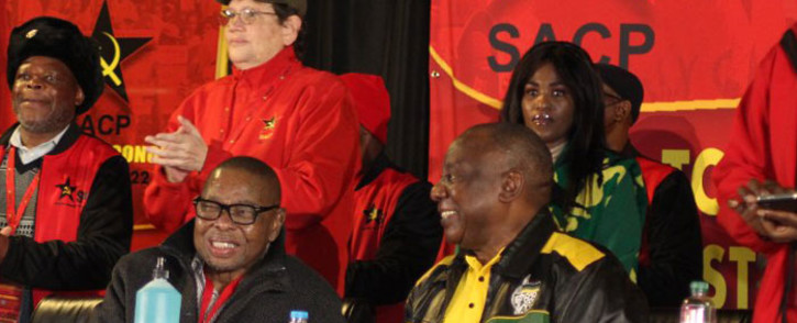 ANC president Cyril Ramaphosa (foreground right) attends the SACP's 15th national congress in Boksburg on 15 July 2022. Picture: @SACP1921/Twitter
