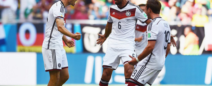 Germany's Thomas Muller celebrates with his team mates after scoring his third goal against Portugal during the opening match in their group of the 2014 Fifa World Cup in Brazil on 16 June 2014. Picture: Fifa.com.