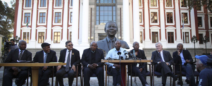 Leaders of various opposition parties hold a briefing outside Parliament on the motion of no confidence in President Jacob Zuma, which Baleka Mbete has decided will be held by secret ballot. Picture: Moeketsi Moticoe