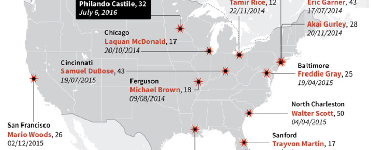 Map of the United States locating recent controversial police shootings of black men.