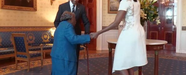 Virginia McLaurin (106) meets President Barack Obama & his wife Michelle at the White House on 21 February 2014.