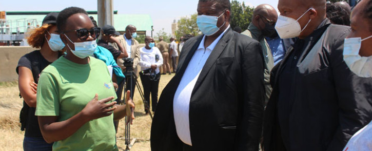 Water and Sanitation Deputy Minister David Mahlobo (centre) and North West Premier Bushy Maape (right) at the Mmabatho Water Treatment Plant on 25 October 2021. Picture: @NWPGOV/Twitter