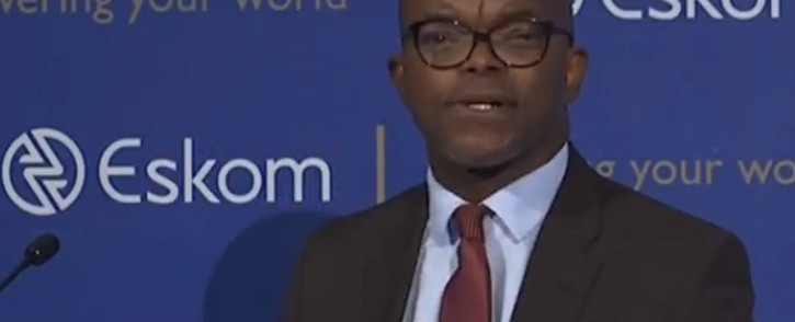 Eskom CEO Phakamani Hadebe briefs the media at the power utility’s head office in Megawatt Park in Sunninghill. Picture: Youtube screengrab. 

