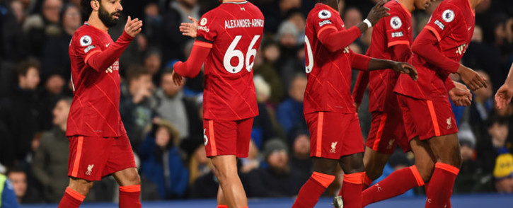 Liverpool's Mohamed Salah (left) celebrates a goal with teammates during the English Premier League match against Everton at Goodison Park in Liverpool on 1 December 2021. Picture: @LFC/Twitter