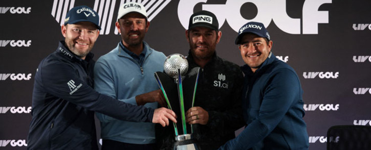 Members of the Stinger team (from L) South African golfers Branden Grace, Charl Schwartzel, Louis Oosthuizen and Hennie Du Plessis pose with the trophy at the end of the third and final day of the LIV Golf Invitational Series event at The Centurion Club in St Albans, north of London, on 11 June 2022. Picture: Adrian DENNIS/AFP