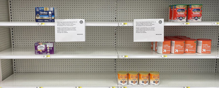 In this file photo taken on 16 May 2022 a sign stands next to a small amount of toddler nutritional drink mix at Target in Stevensville, Maryland as a nationwide shortage of baby formula continues due to supply chain crunches tied to the coronavirus pandemic that have already strained the country’s formula stock, an issue that was further exacerbated by a major product recall in February. Picture: Jim WATSON/AFP