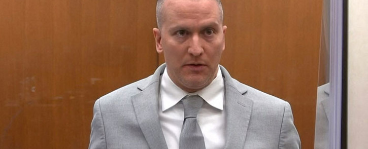 FILE: This grab from video courtesy of Court TV shows former policeman Derek Chauvin facing the camera as he hears his sentence in the Hennepin County Government Center on 25 June 2021 in Minneapolis, Minnesota. Picture: AFP